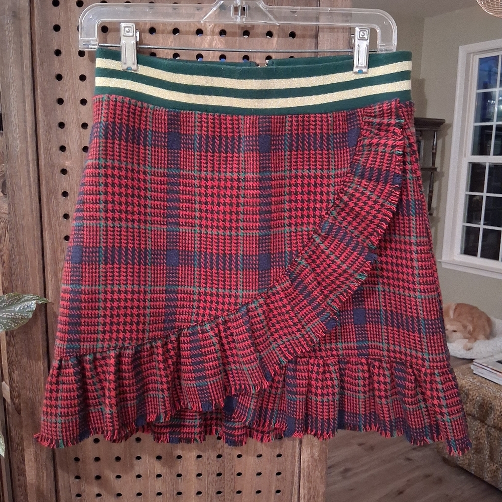 J.O.A. Just One Answer Red Tartan Banded Ruffle Skirt Medium